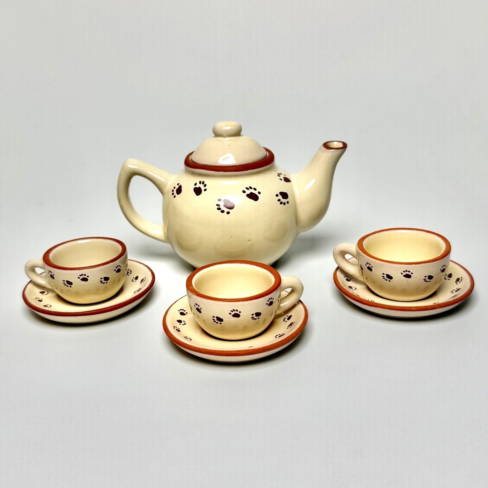 Bearware Pottery Works Miniature Tea Set Paw Prints Teapot Cups Saucers